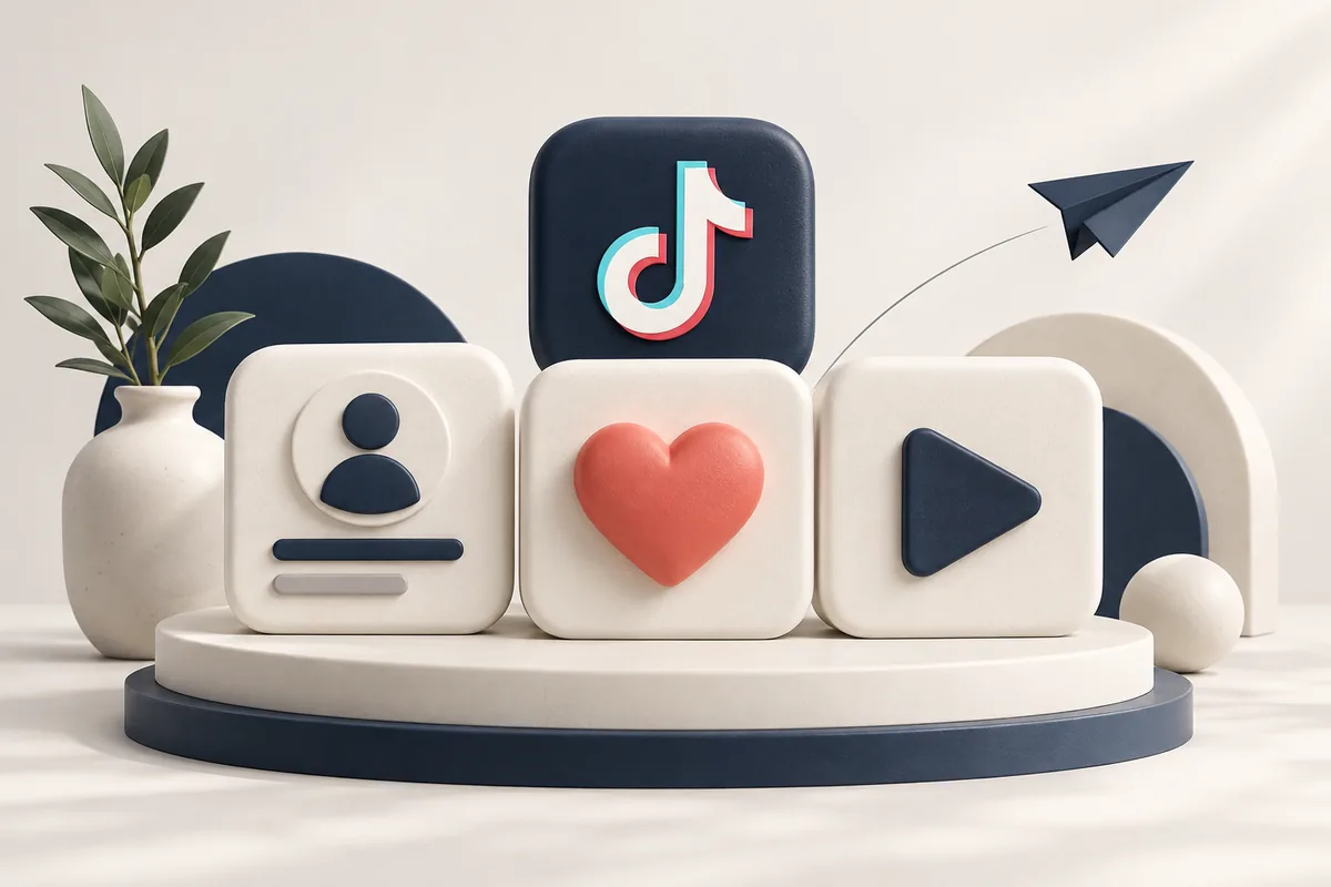 TikTok Toplu Takipçi, Beğeni ve İzlenme Paketi hizmetini temsil eden illüstrasyon
